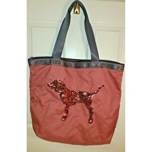 VS Victoria's Secret PINK Large Tote Beach Bag Pink‎ Sequin Dog Design Zipper